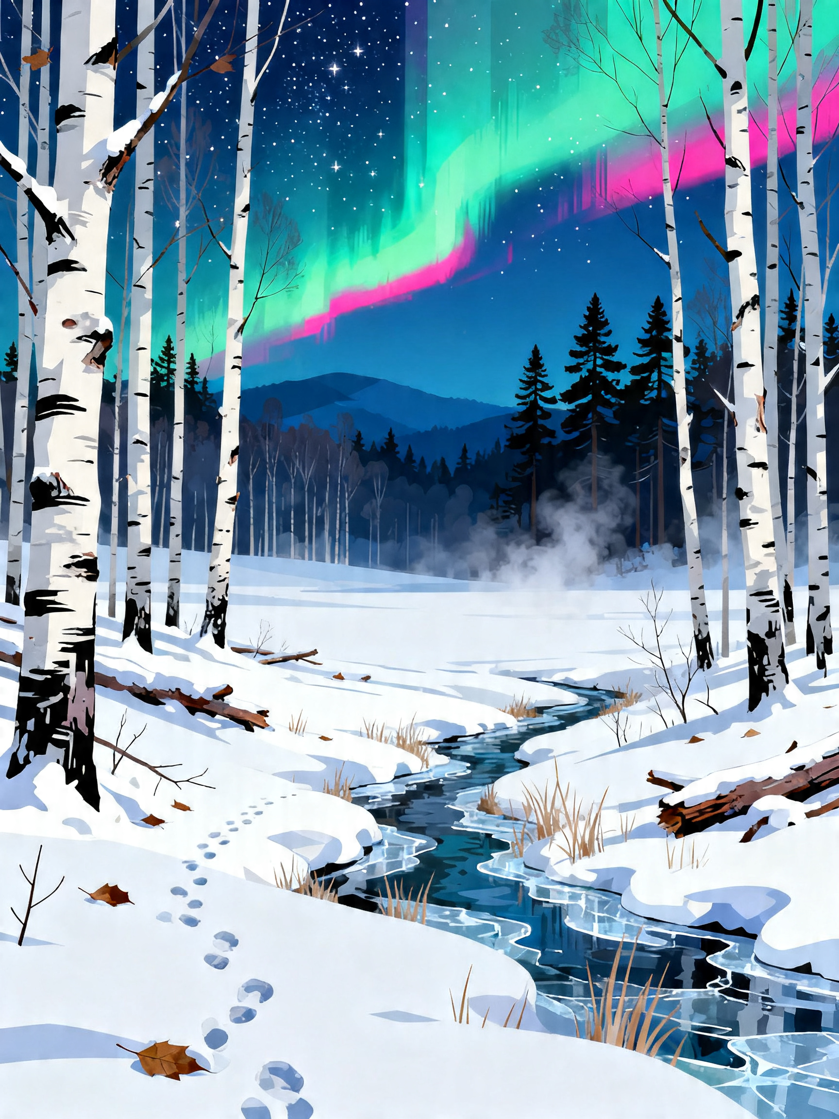 Birch Stream Aurora painting