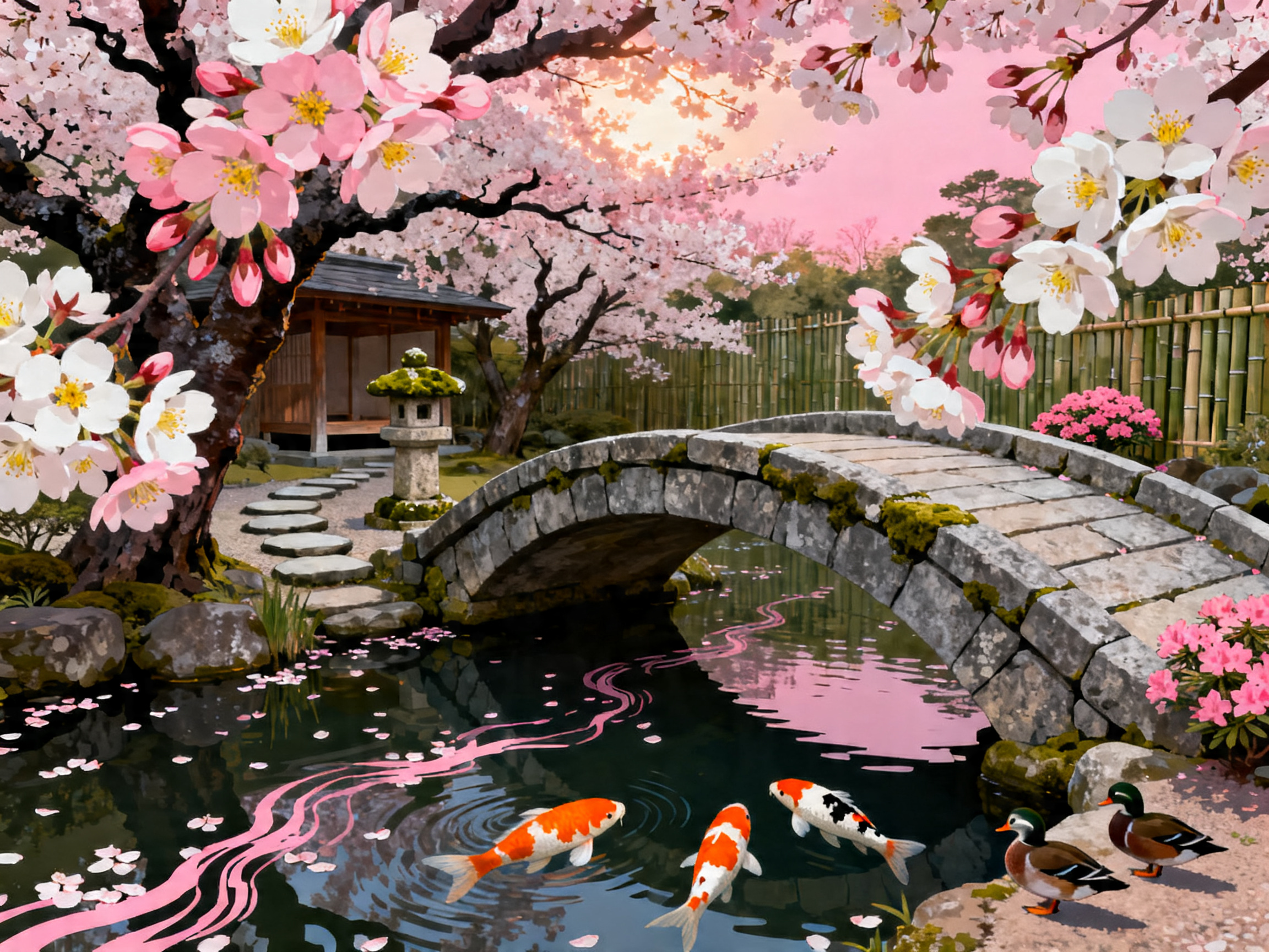 Cherry Koi Bridge painting