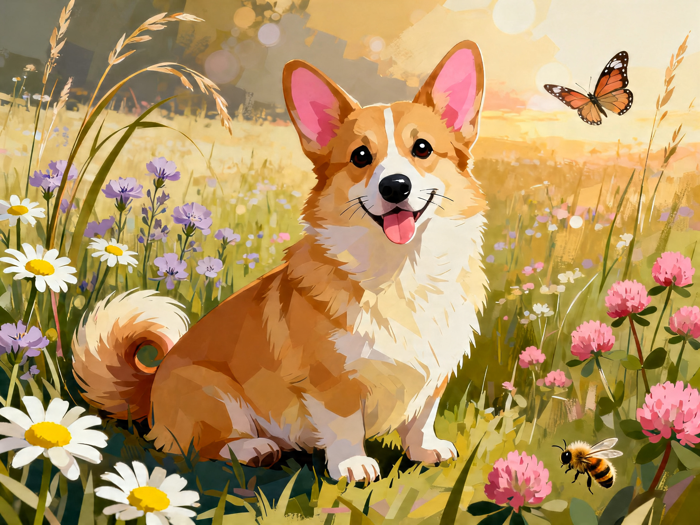 Corgi Meadow Sunset painting