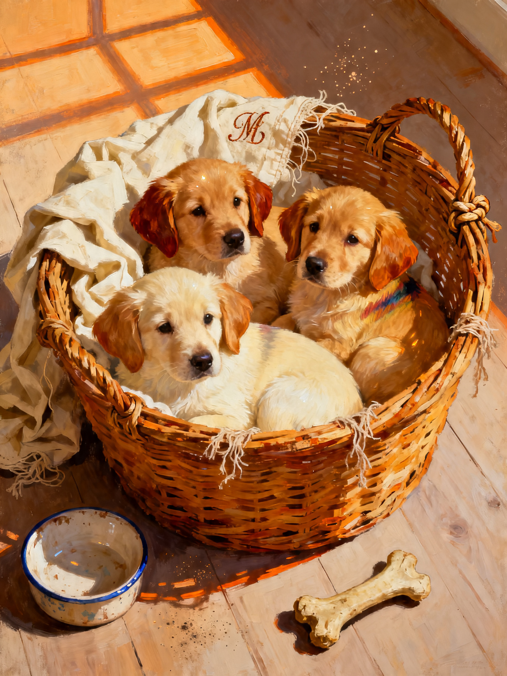 Golden Puppies Basket painting