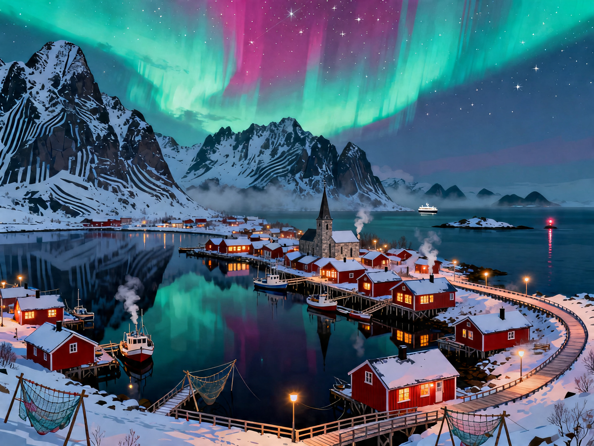 Lofoten Village Aurora painting