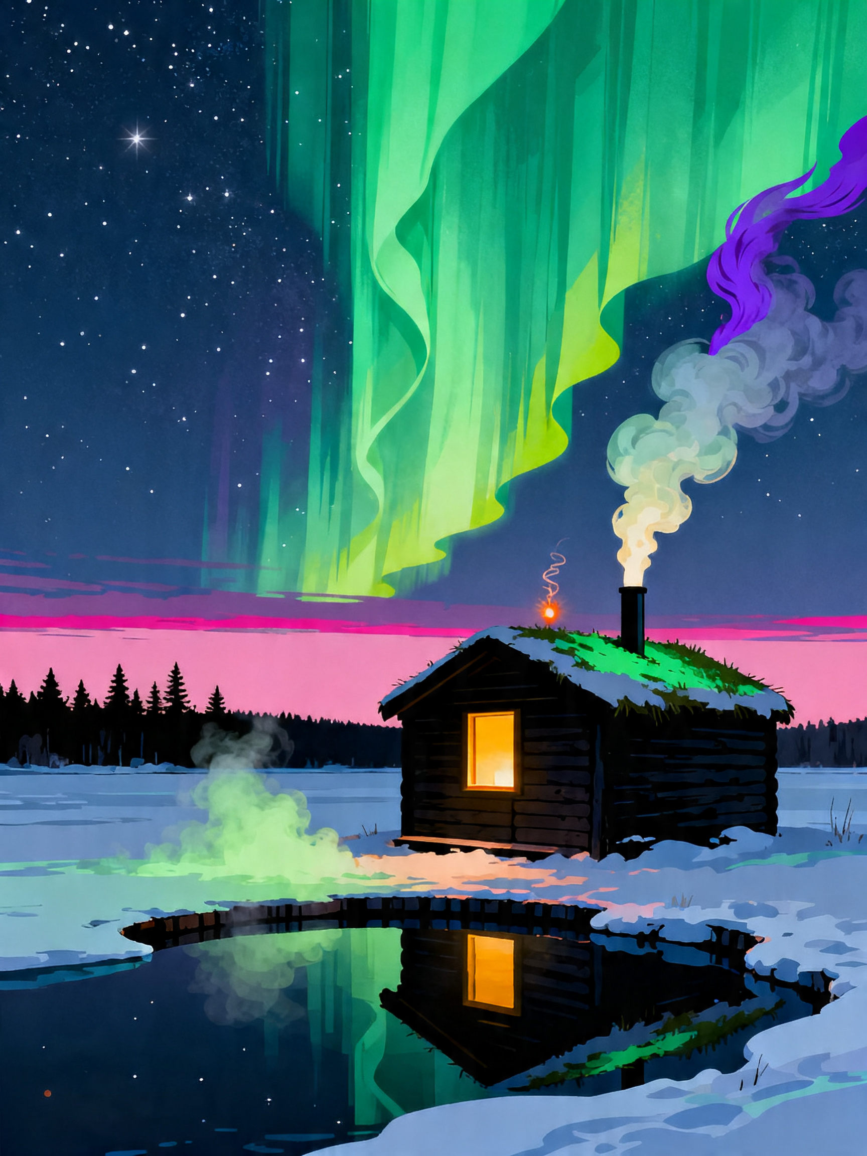 Sauna Aurora Reflection painting