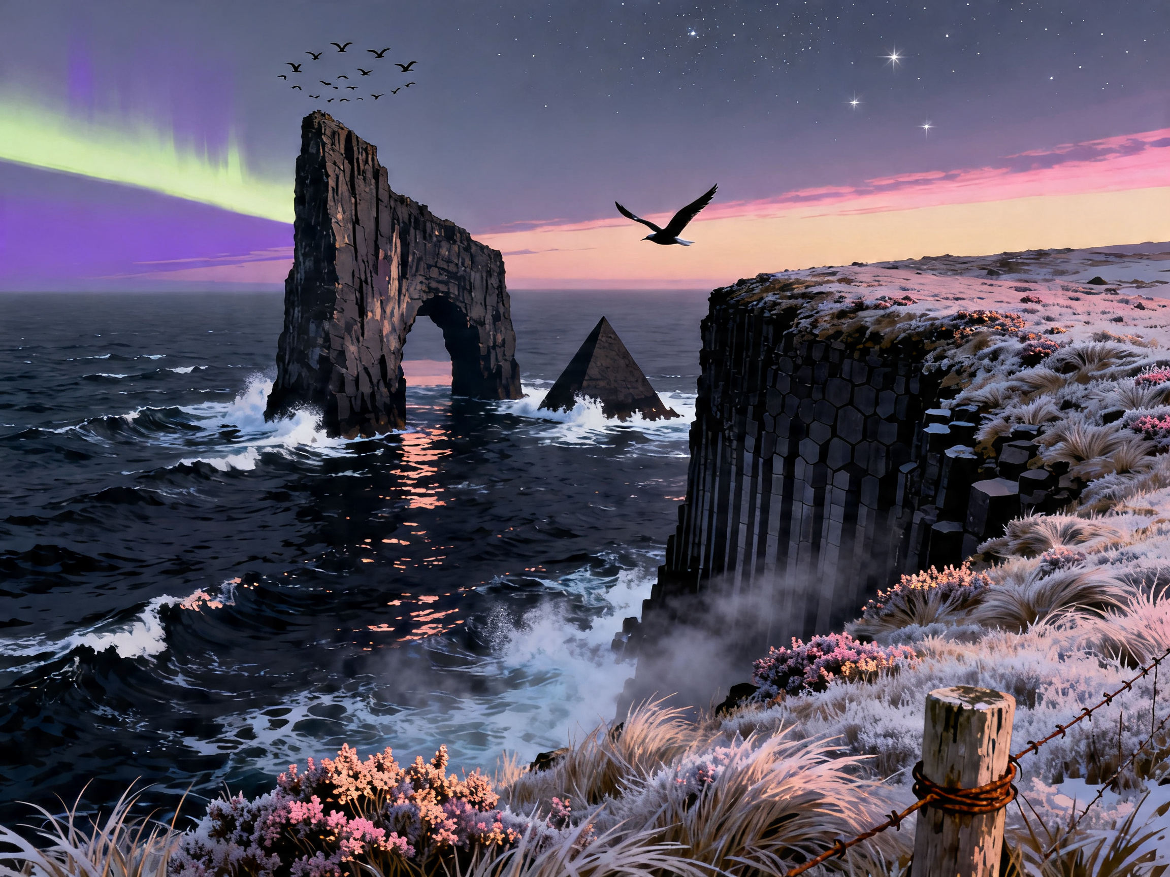 Sea Stack Aurora Arch painting