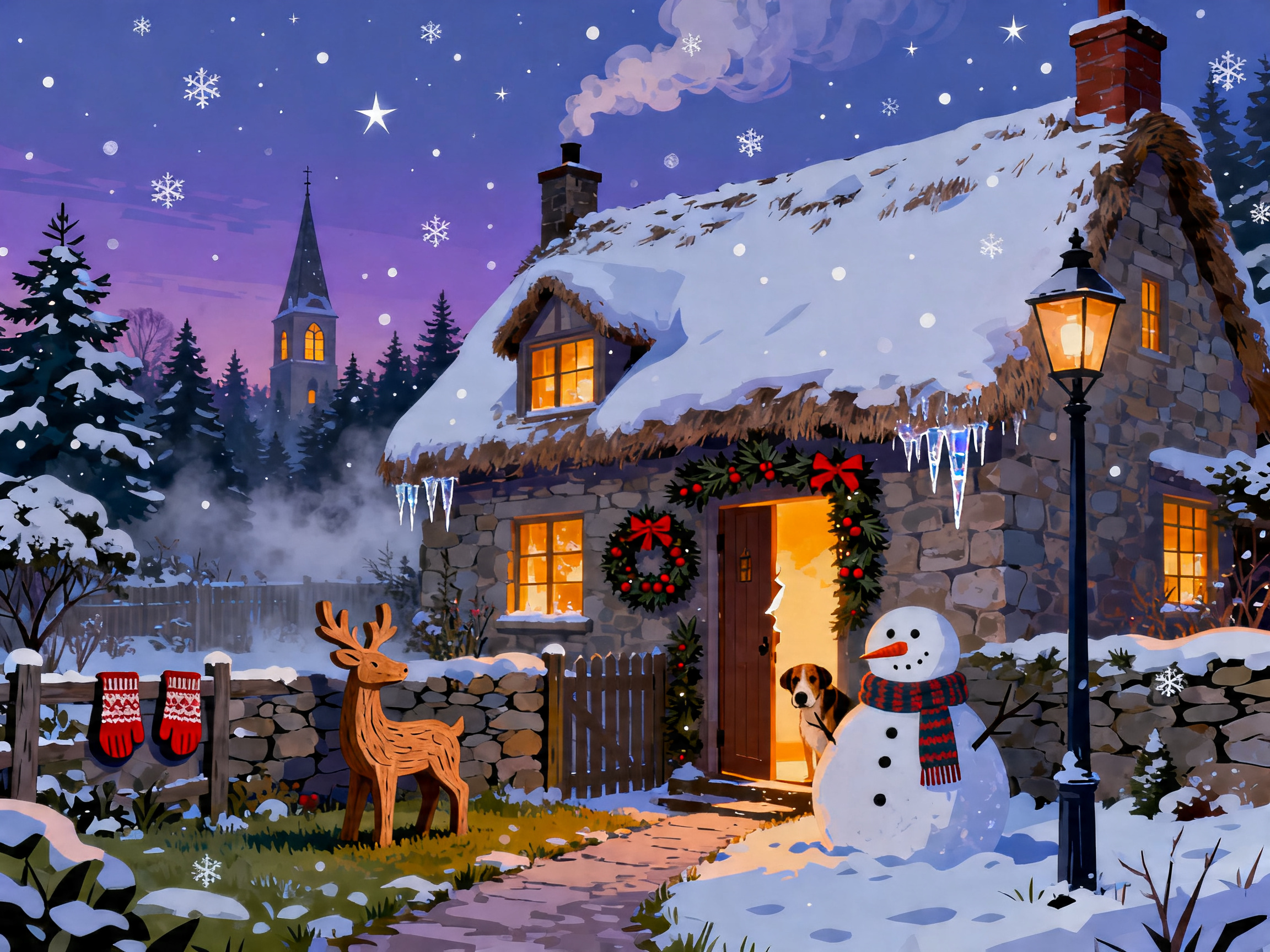 Snowman Thatched Cottage painting