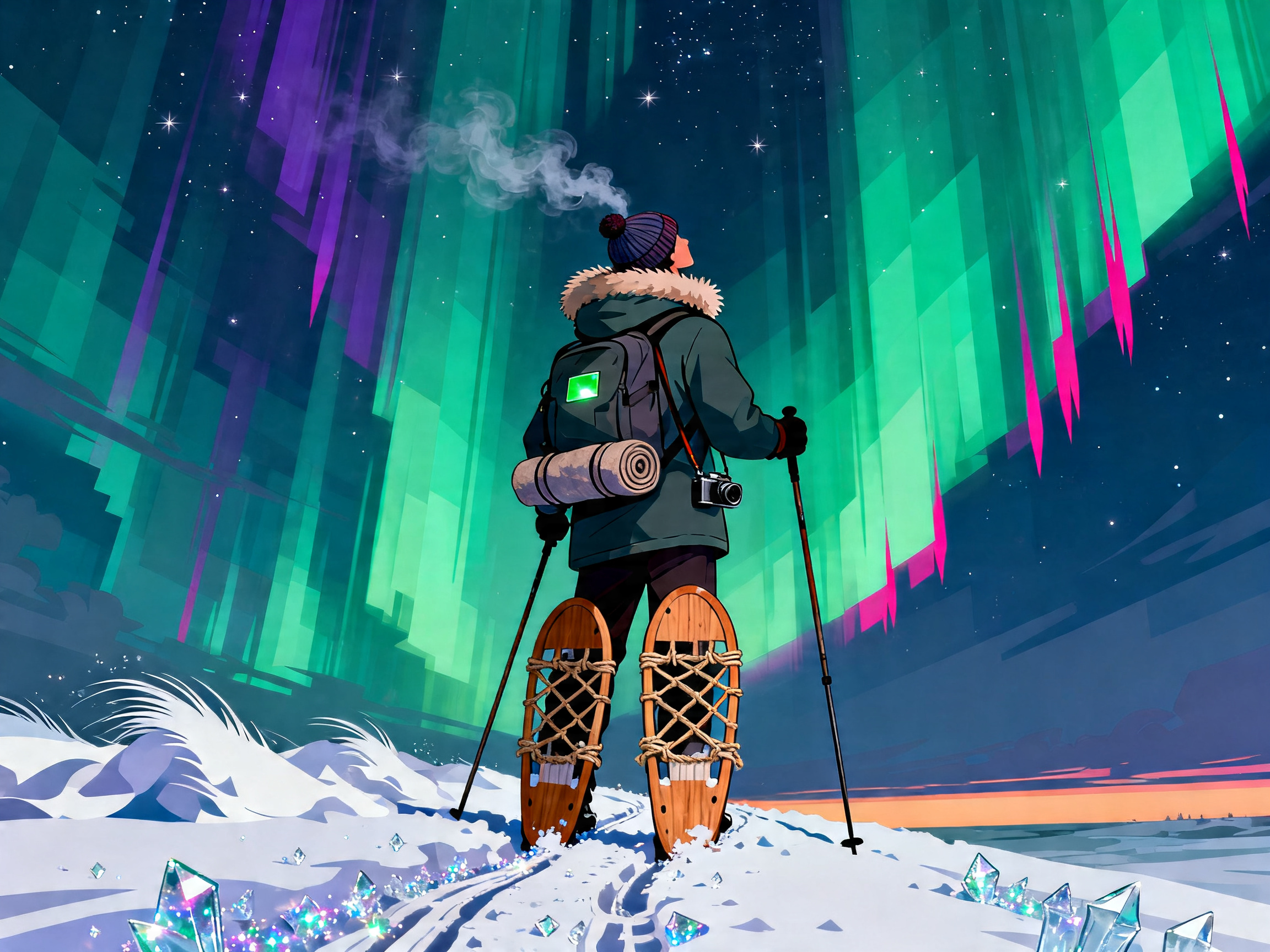 Snowshoer Aurora Night painting