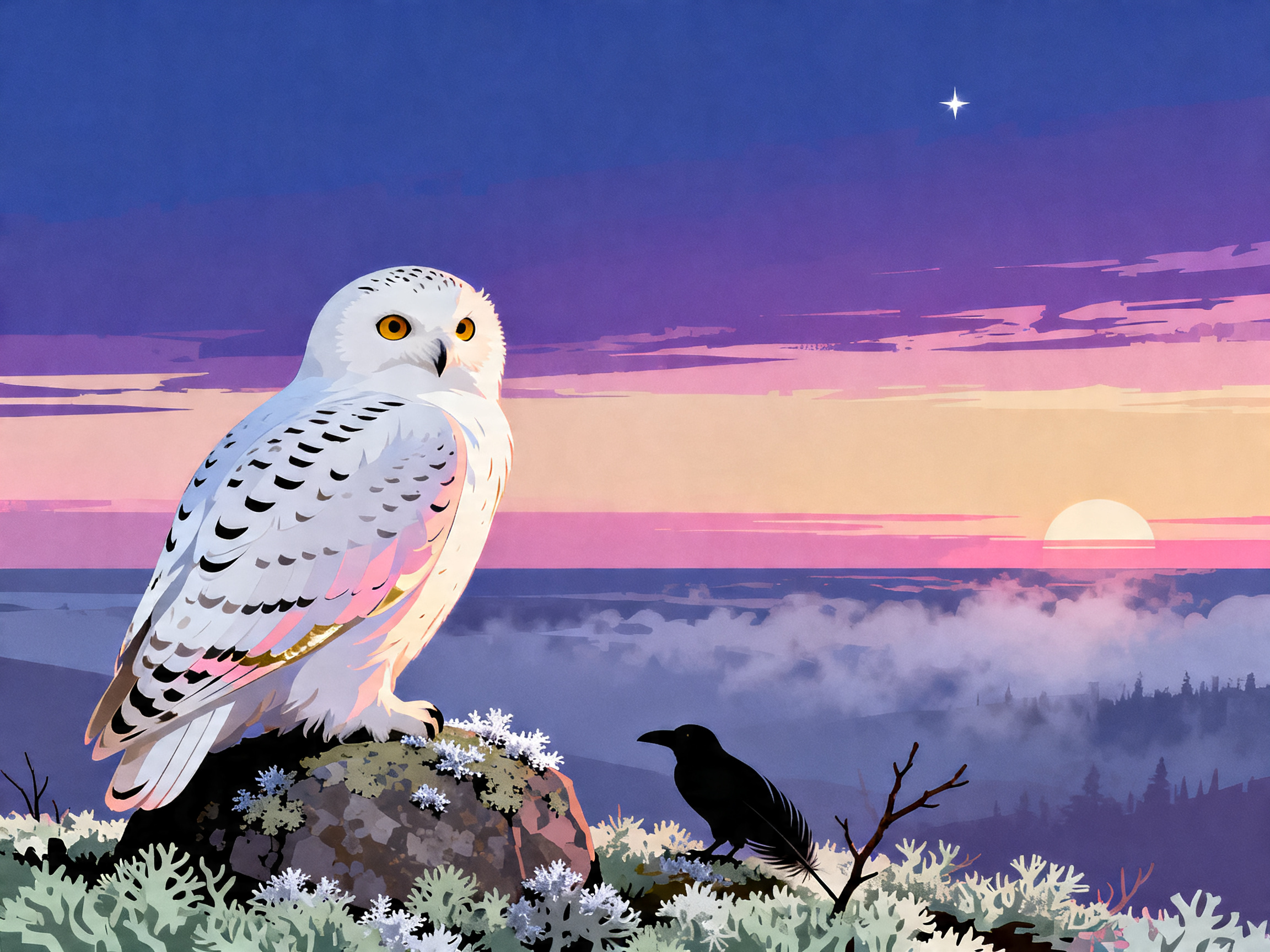Snowy Owl Crow Dawn painting