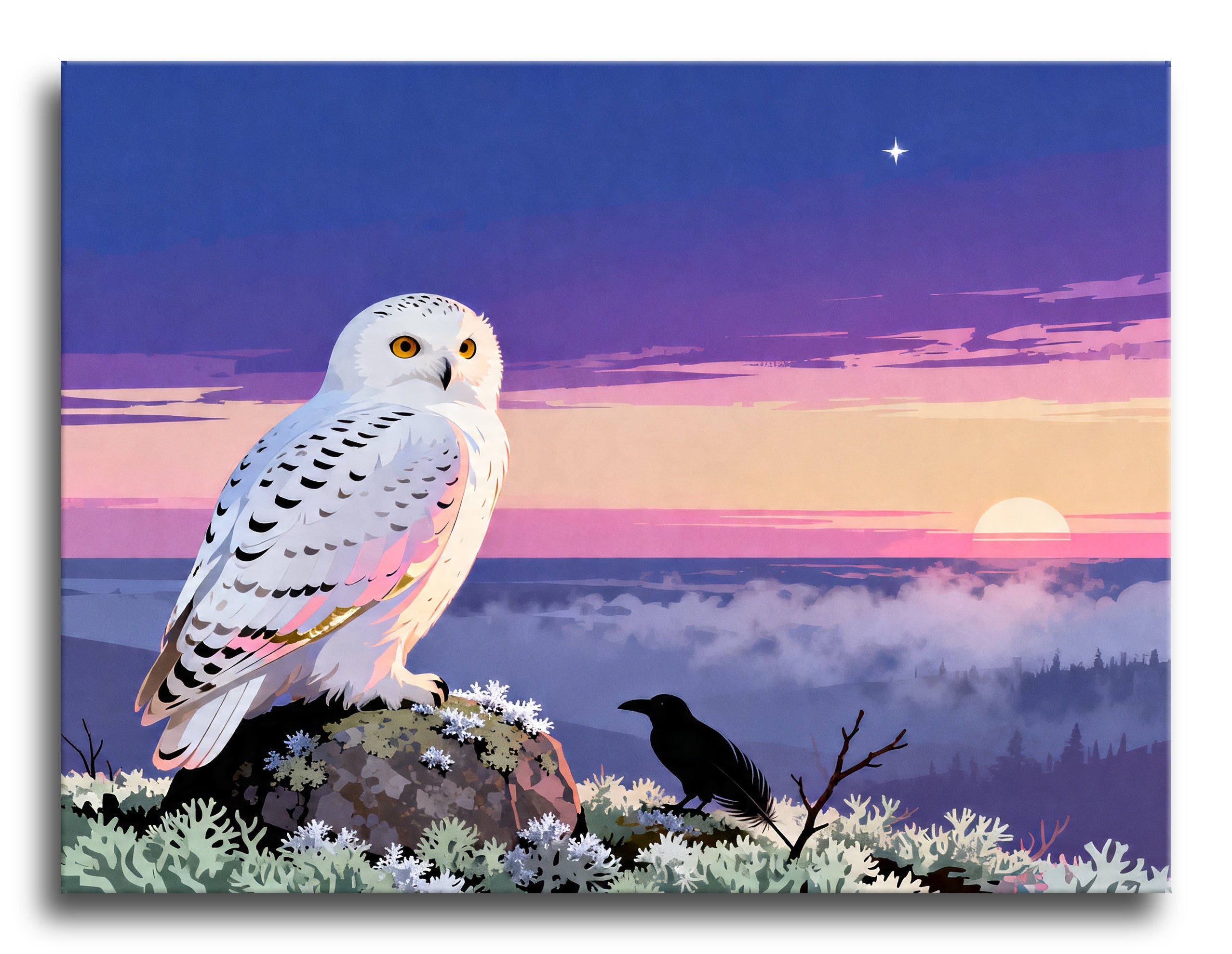 Snowy Owl Crow Dawn framed preview