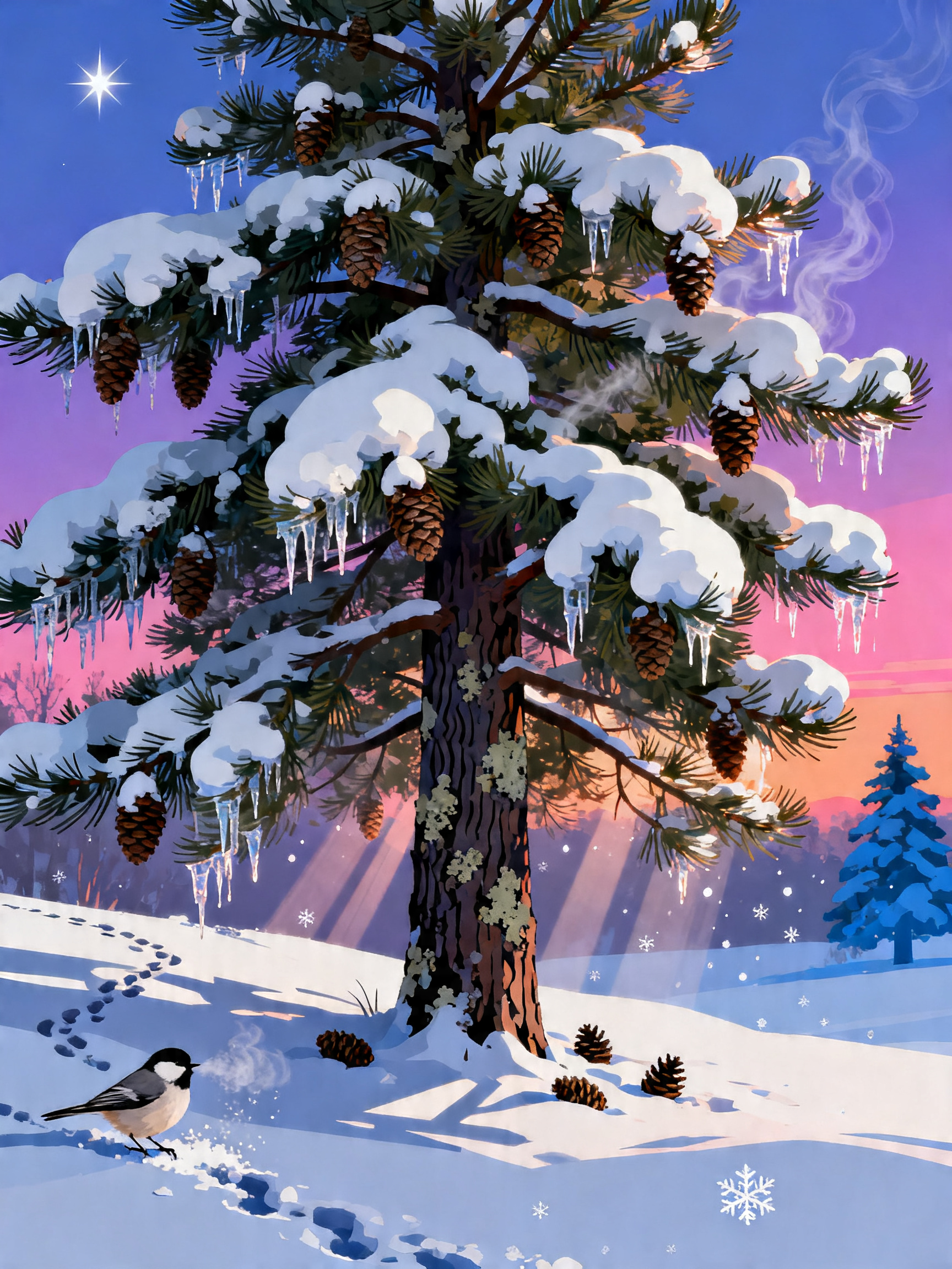 Snowy Pine Chickadee painting