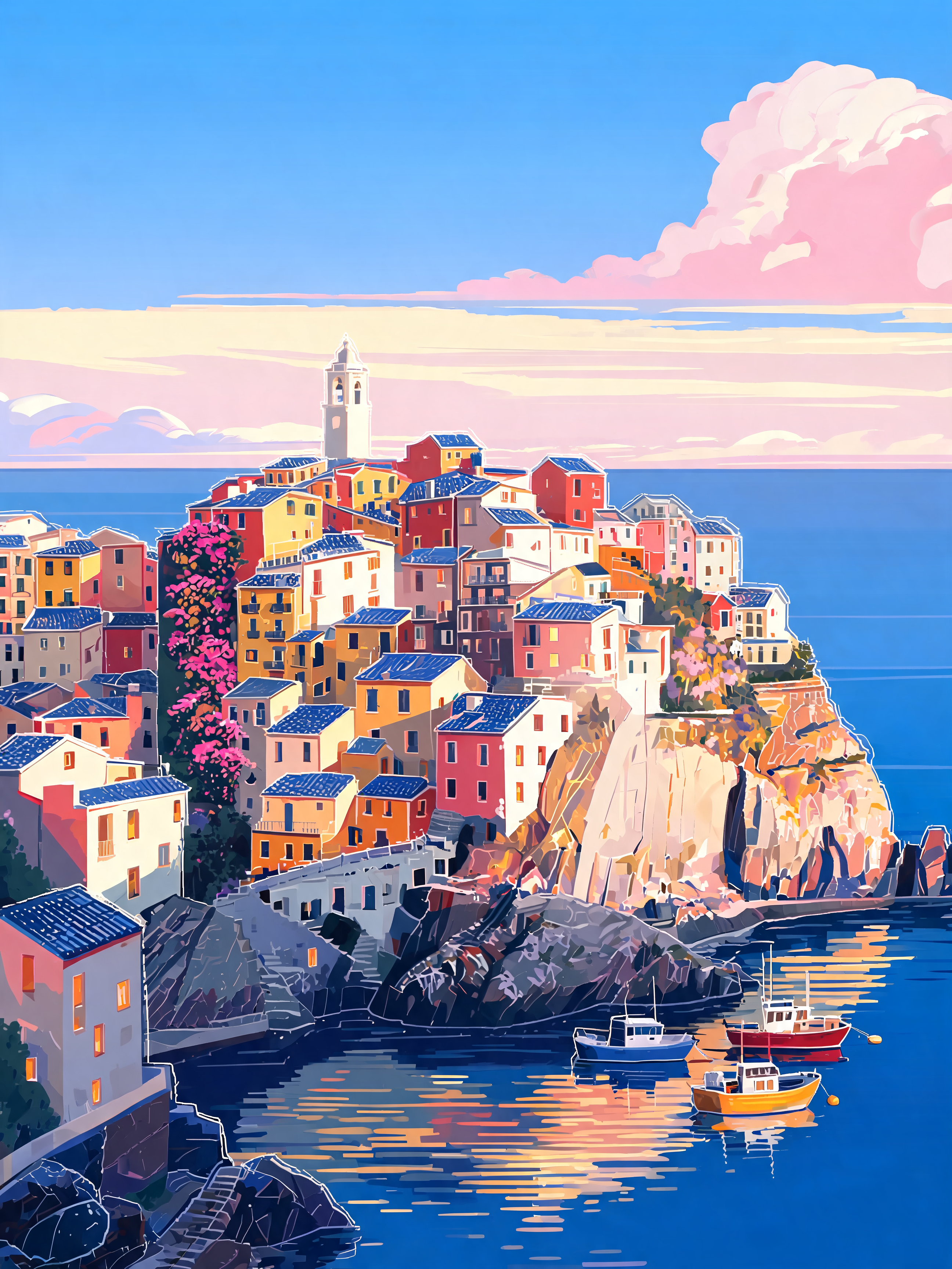 Cubist Coastal Town Scene