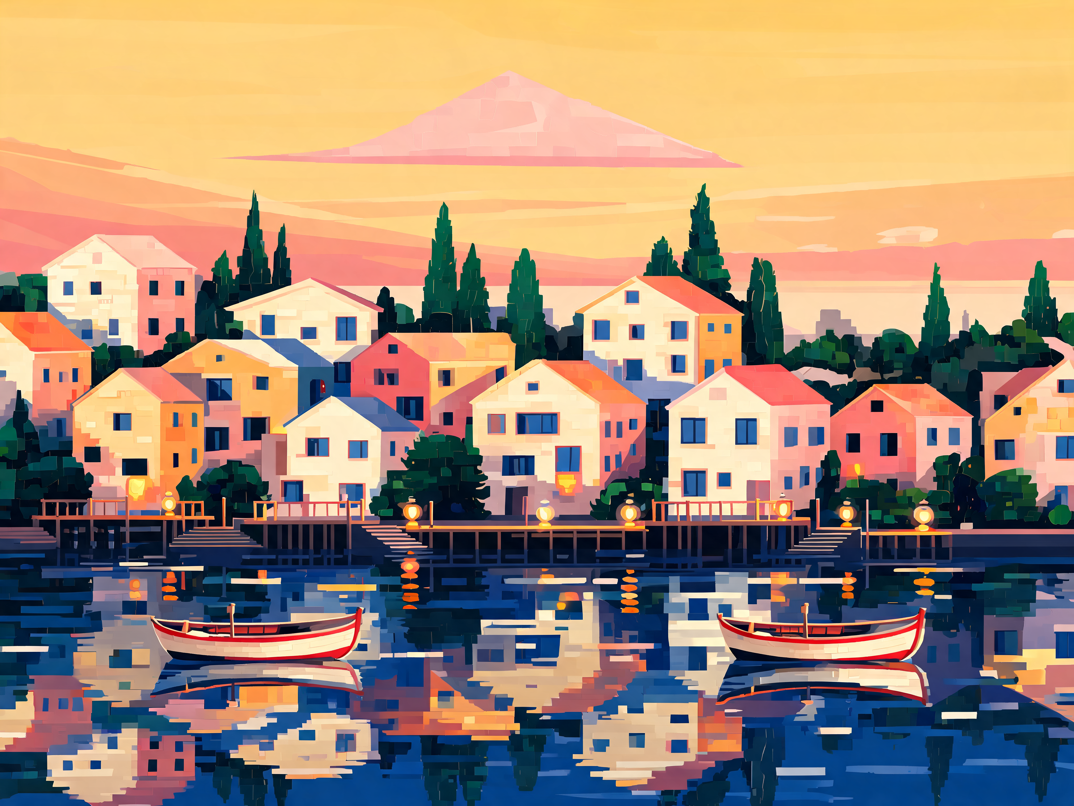 Cubist Lakeside Town Scene