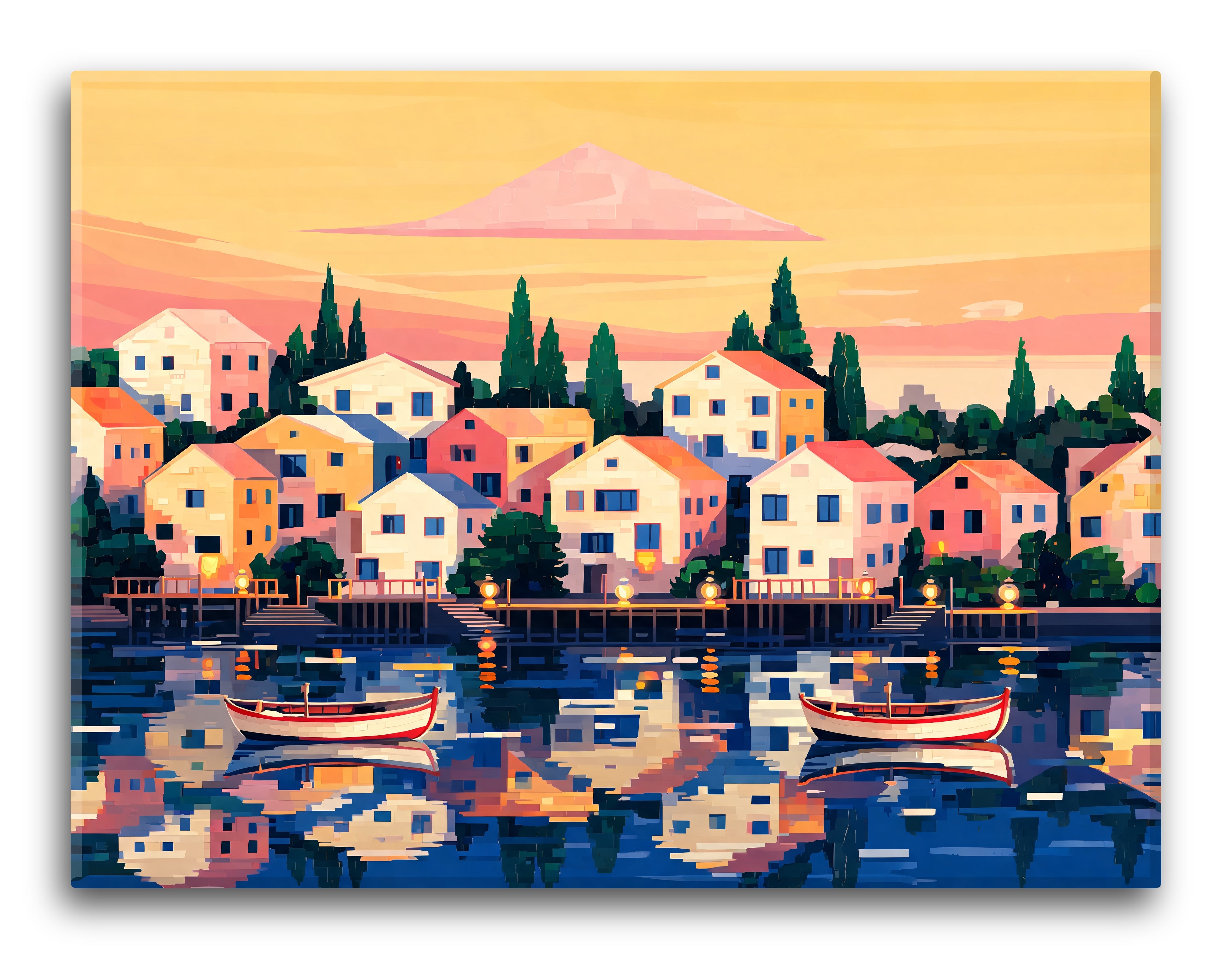 Cubist Lakeside Town Scene