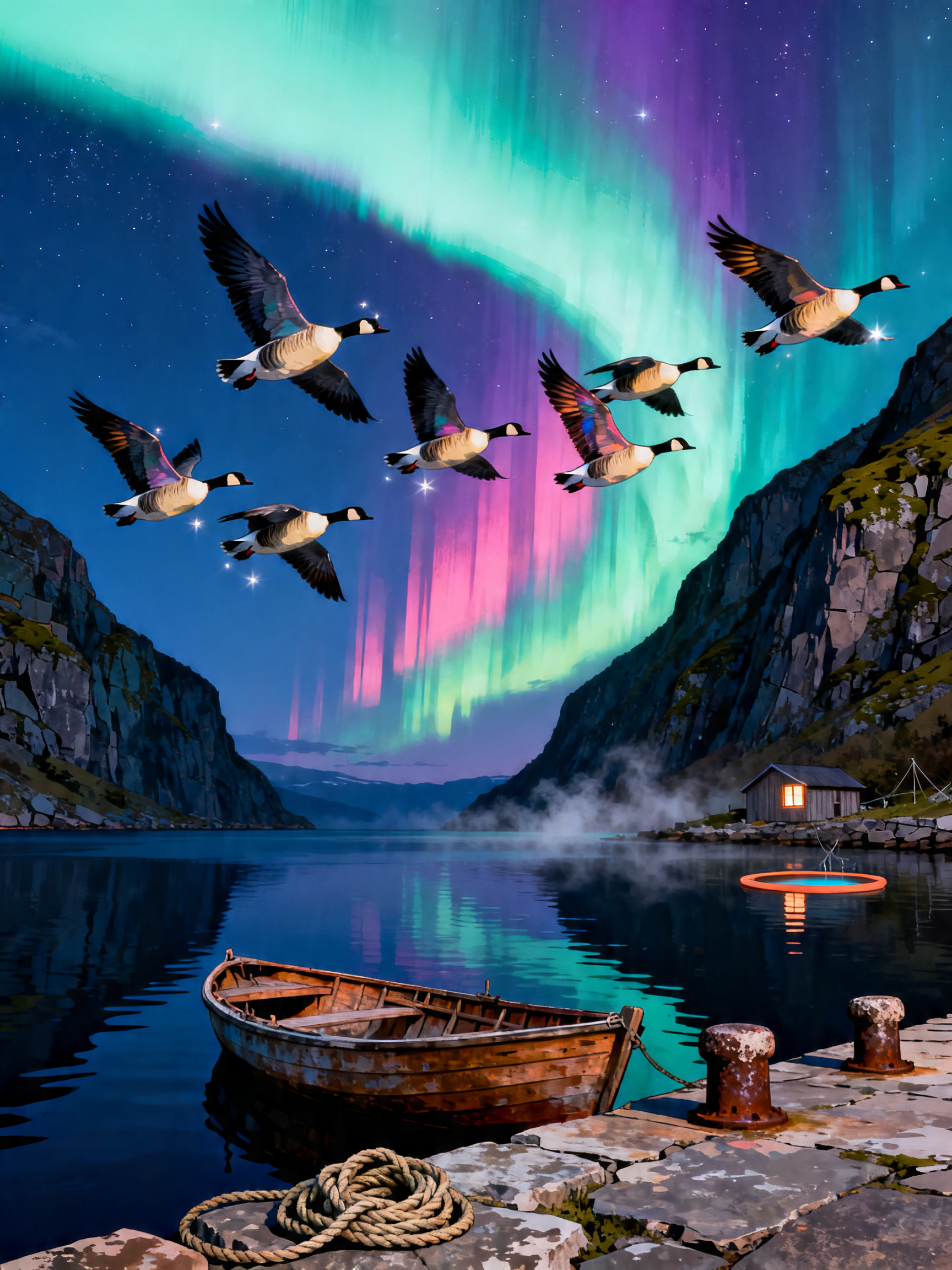 Aurora Geese Fjord painting