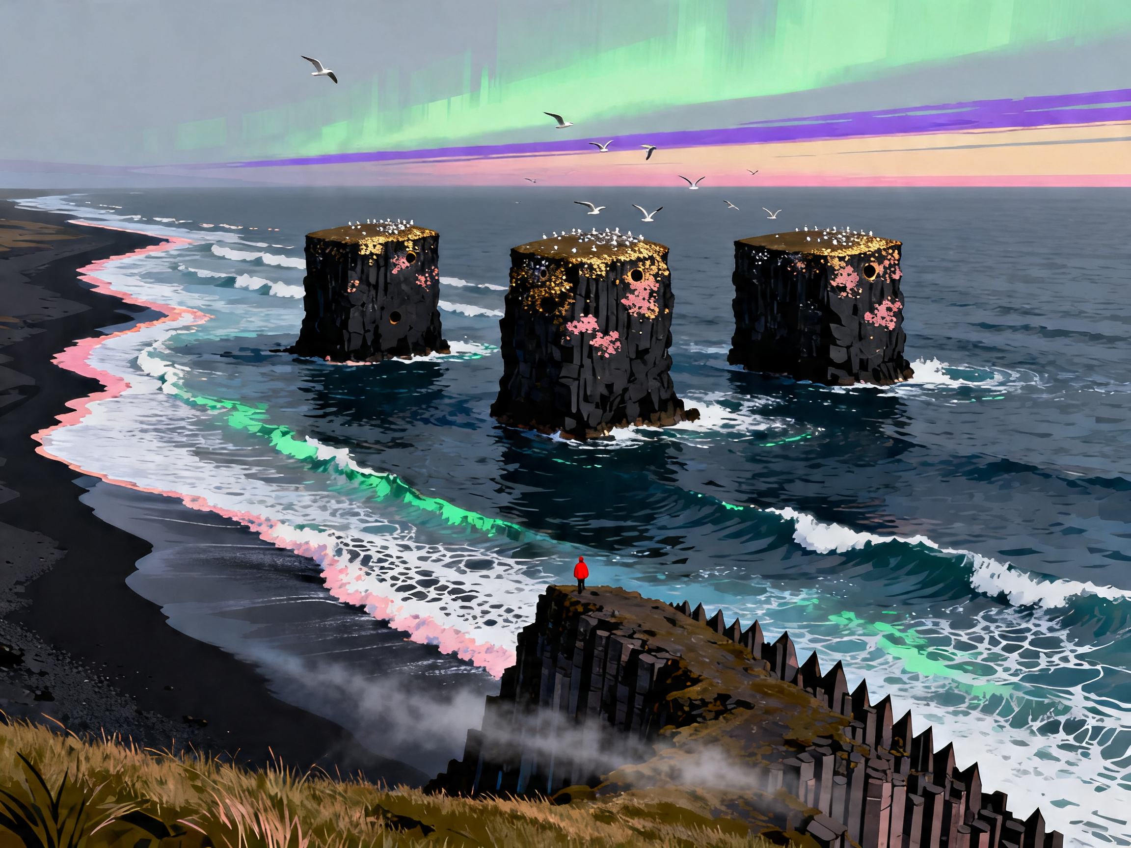 Aurora Sea Stacks Trio painting