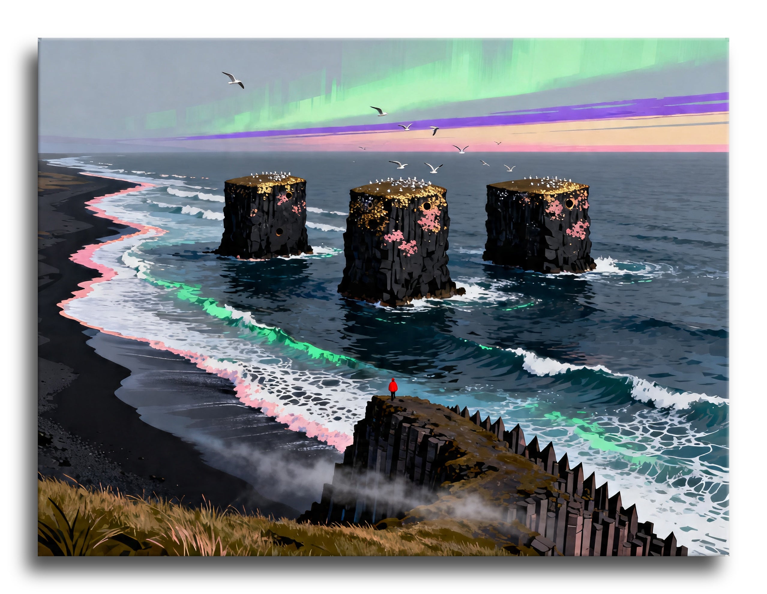 Aurora Sea Stacks Trio framed preview