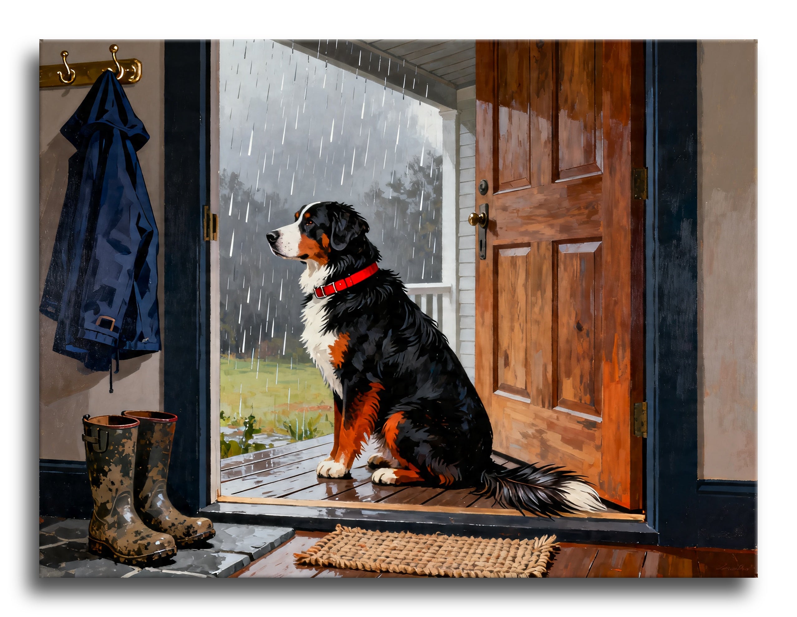Bernese Porch Rain framed preview