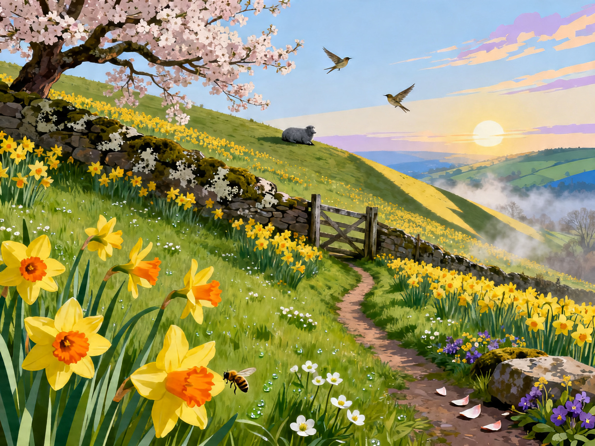 Daffodil Sheep Hillside painting