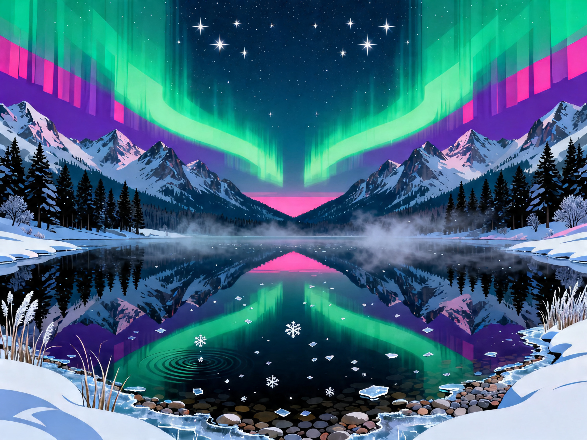 Mirror Lake Aurora painting