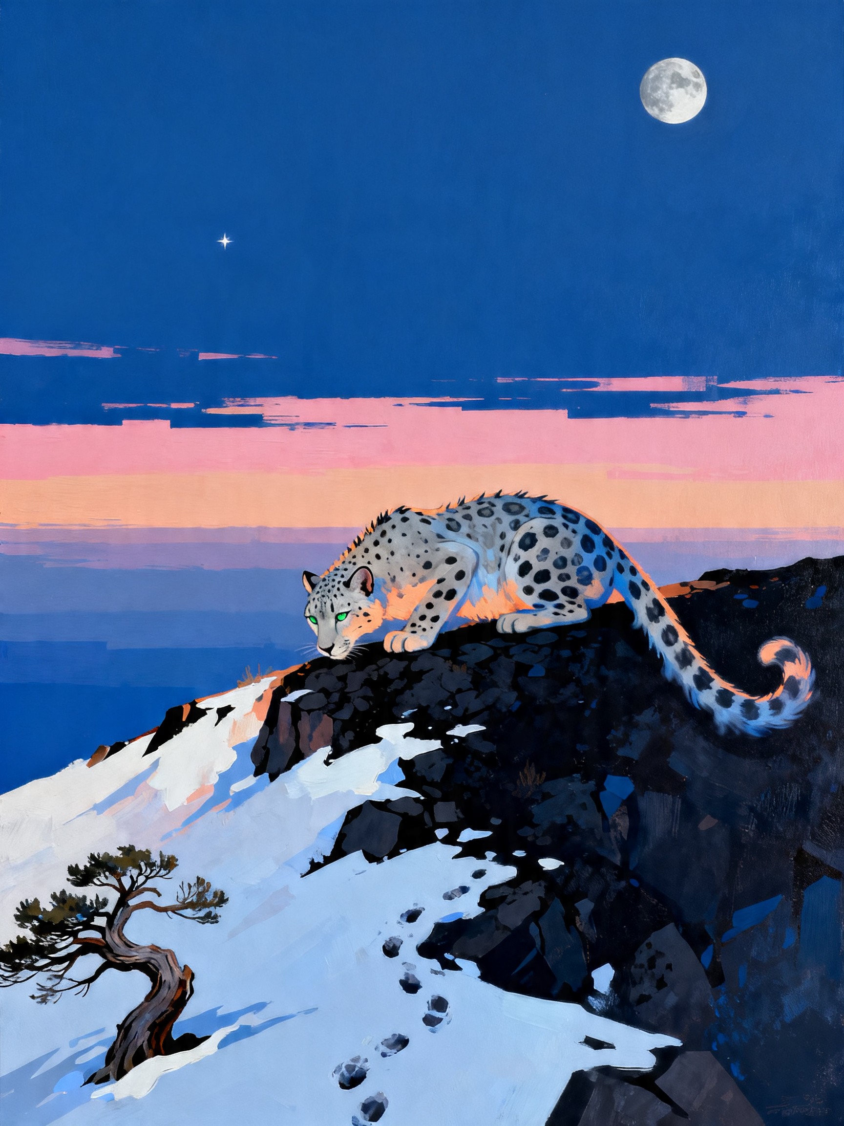 Moonlit Snow Leopard painting