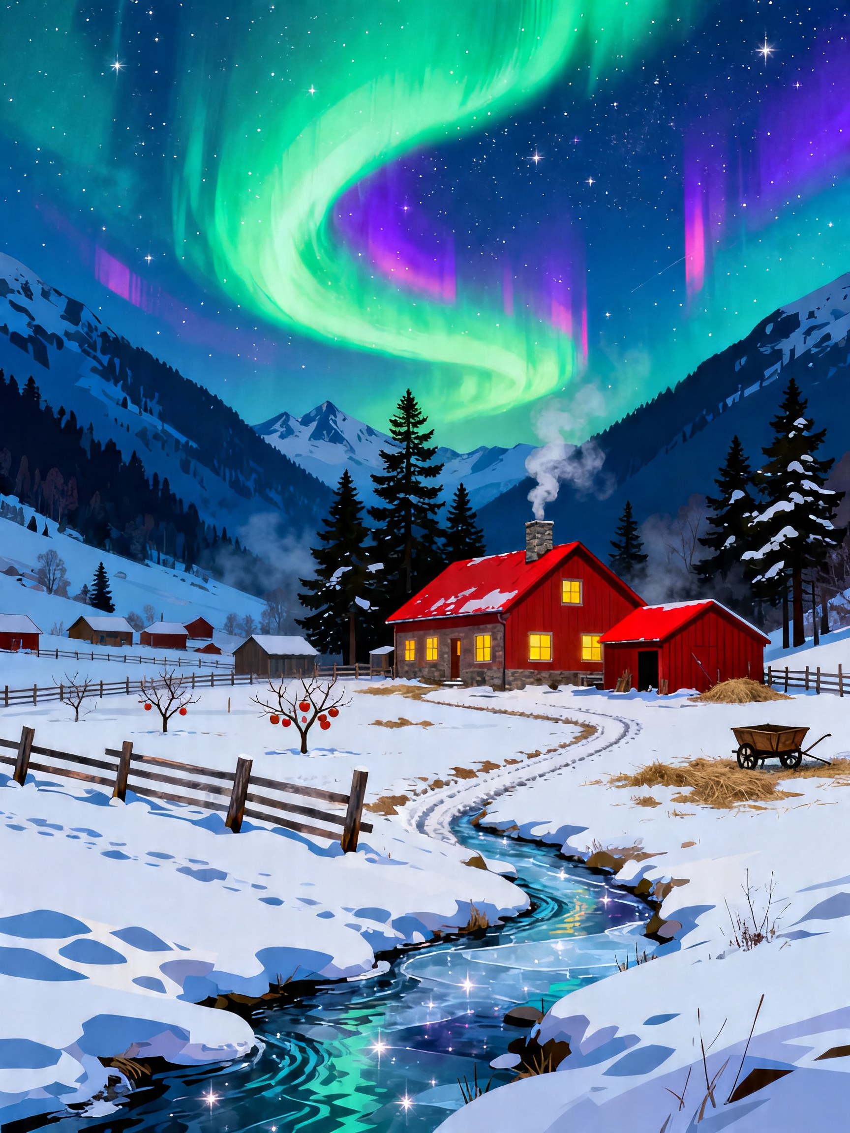 Red Farmhouse Aurora painting