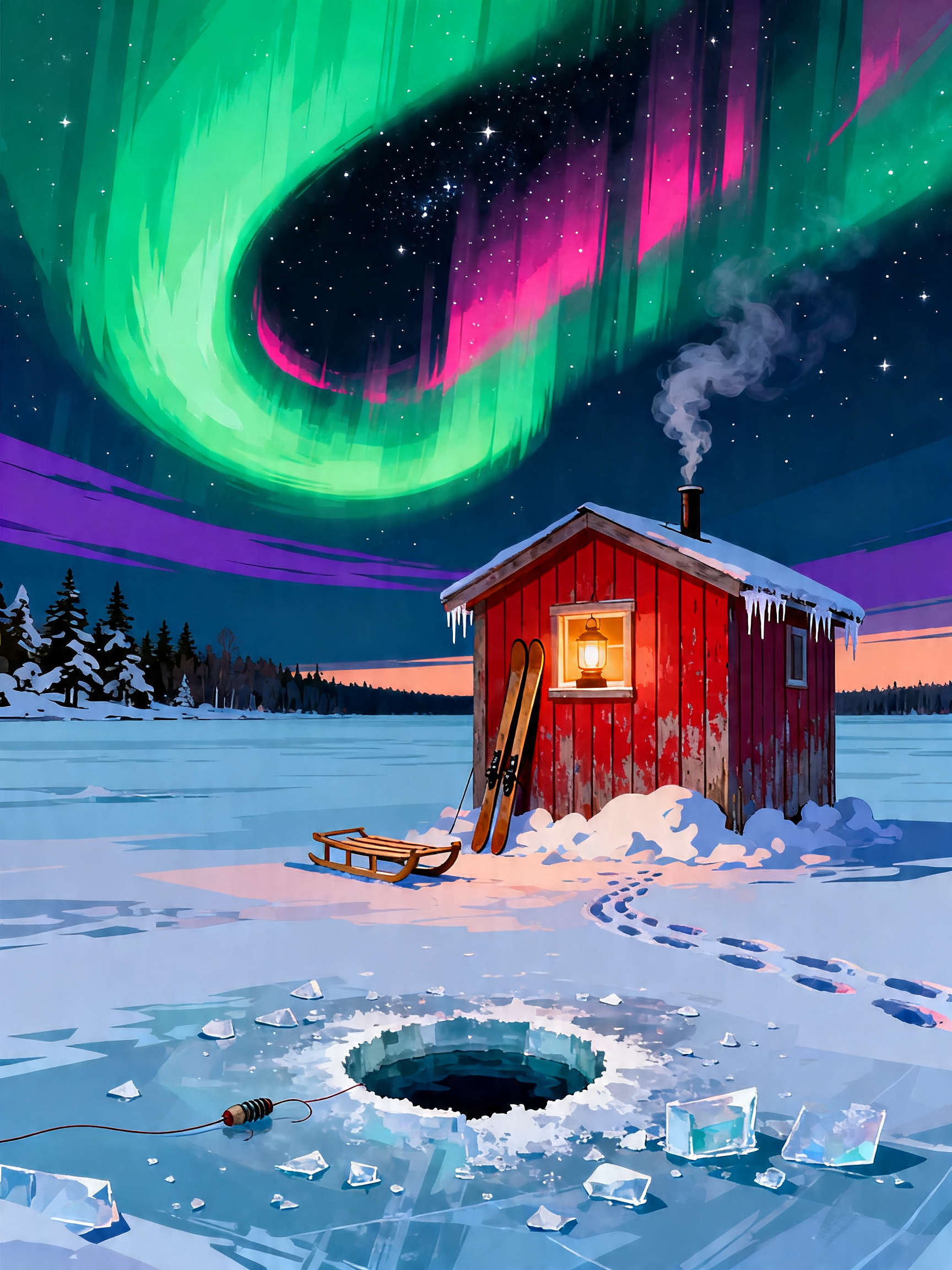 Red Hut Ice Fishing painting
