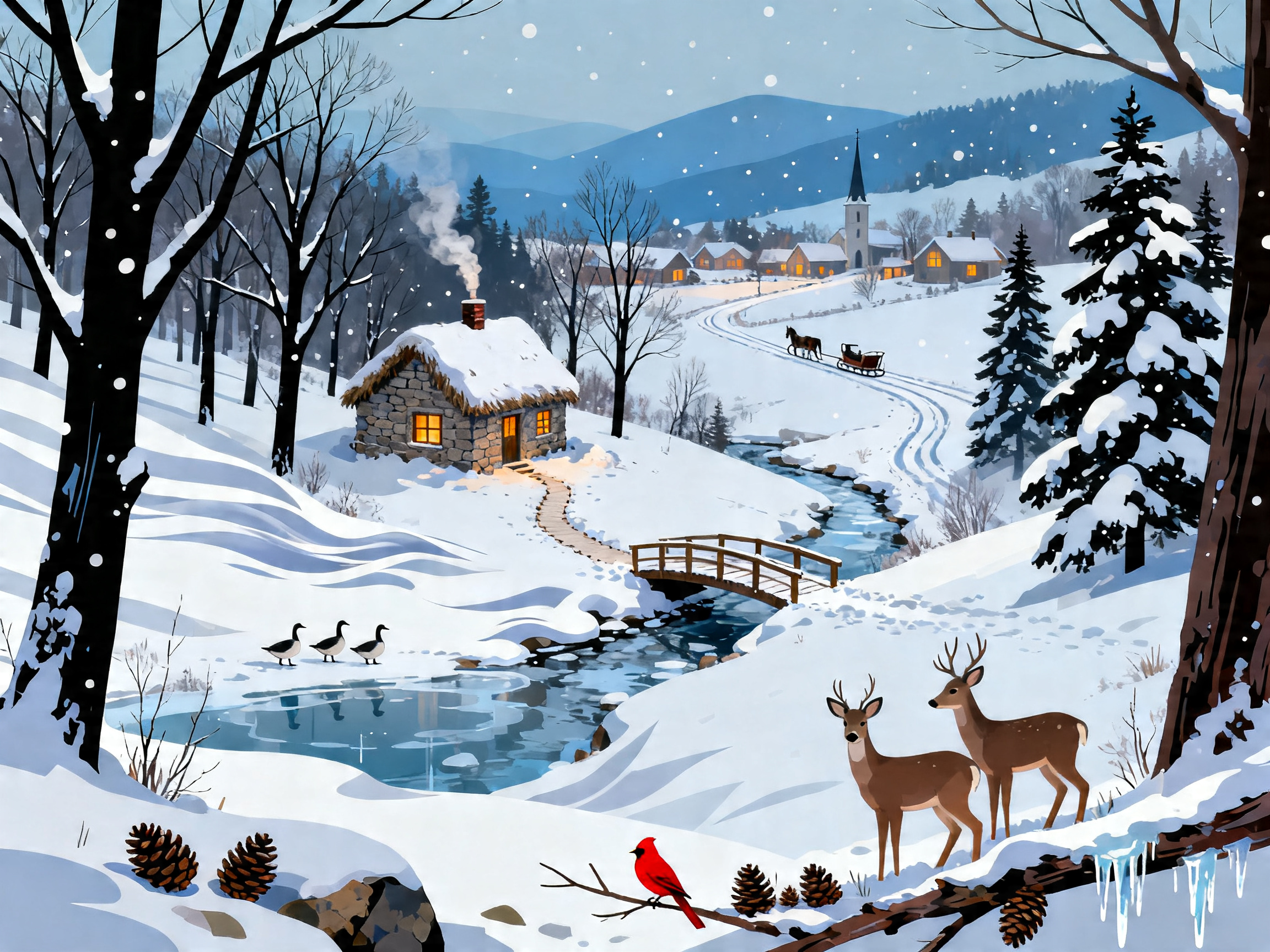 Snowy Village Stream painting