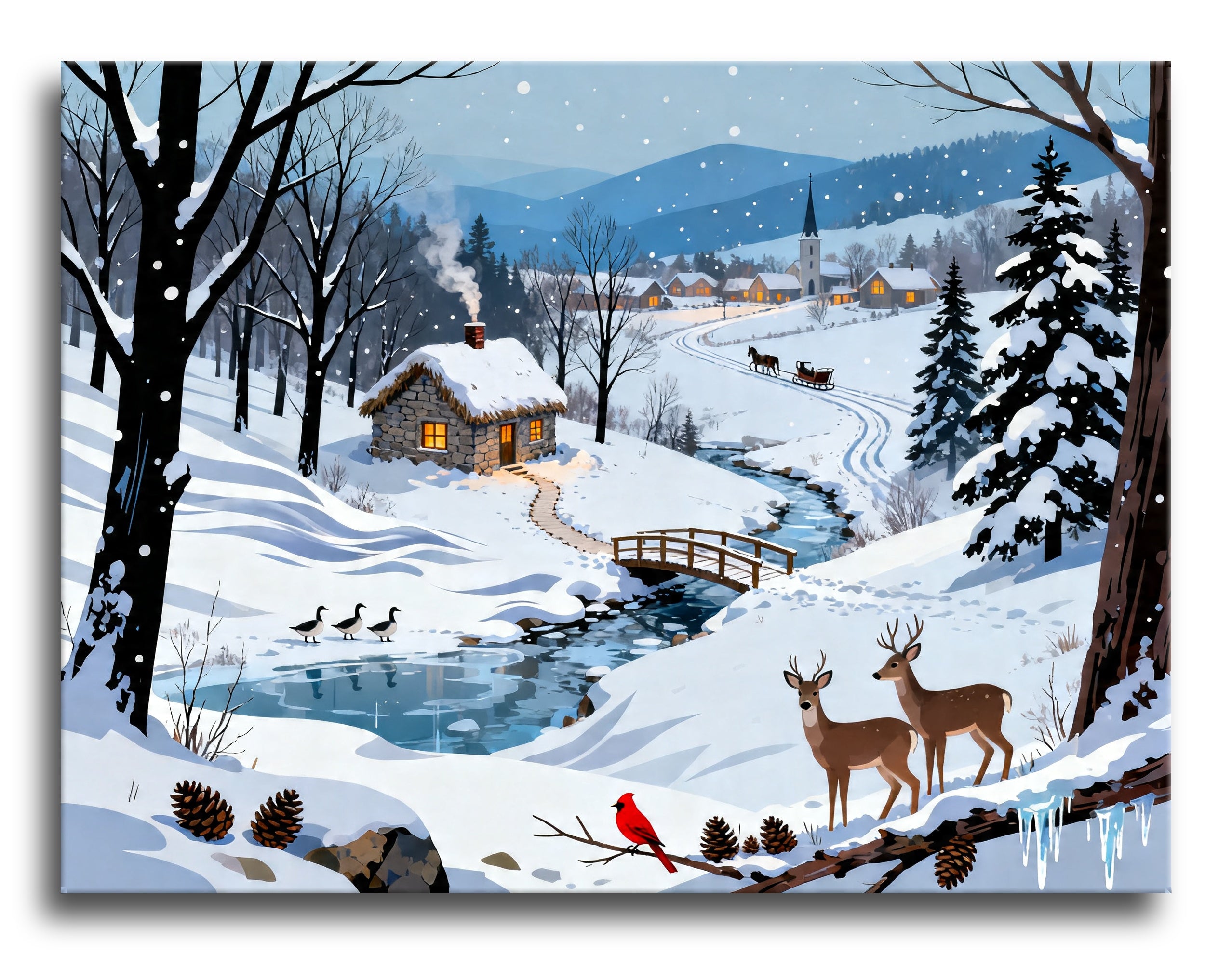 Snowy Village Stream framed preview