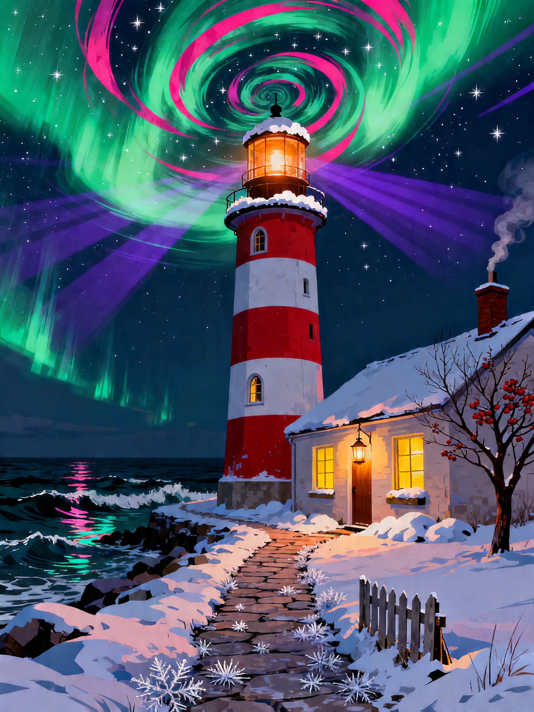 Striped Lighthouse Aurora painting