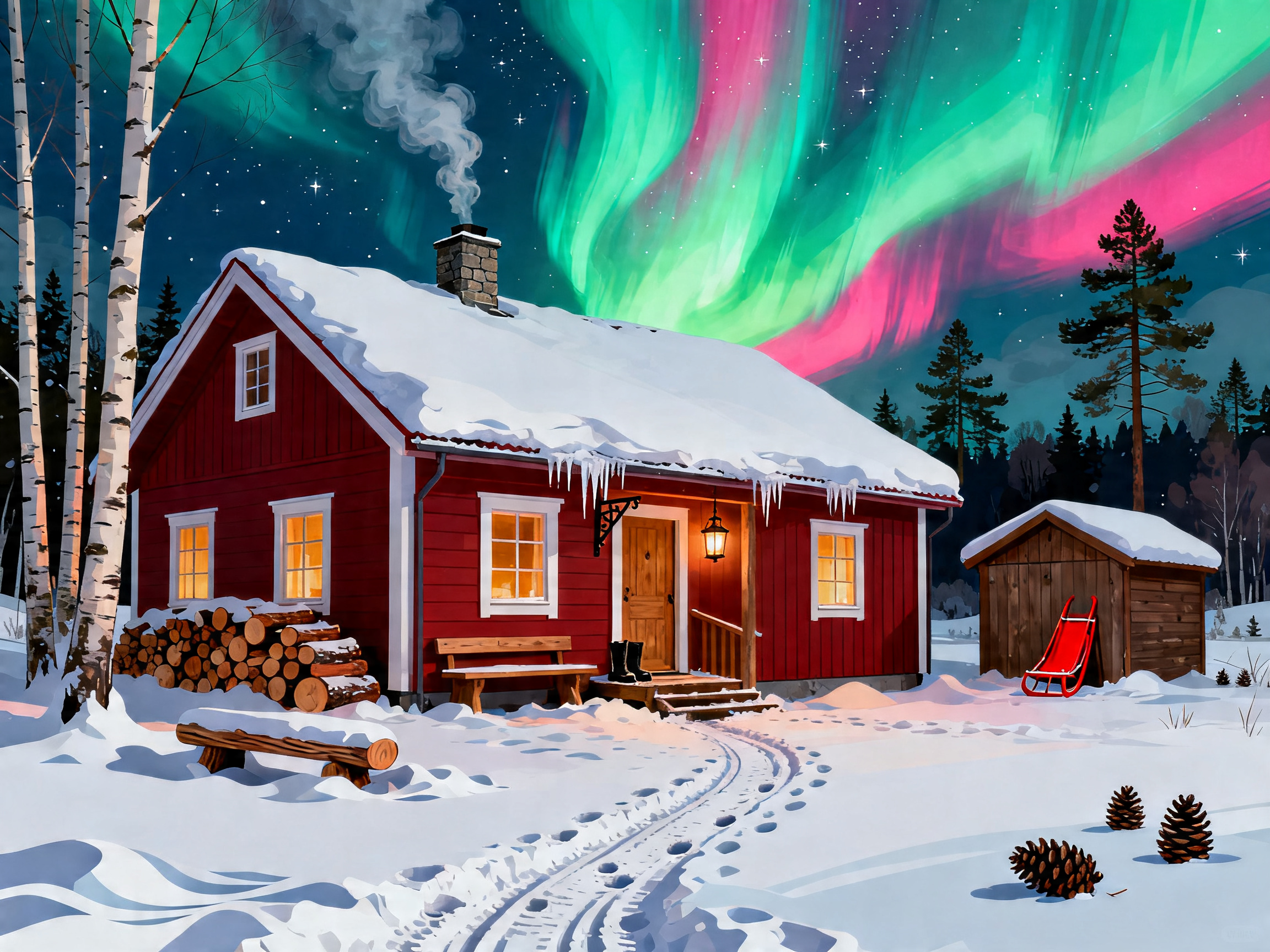 Swedish Cabin Aurora painting