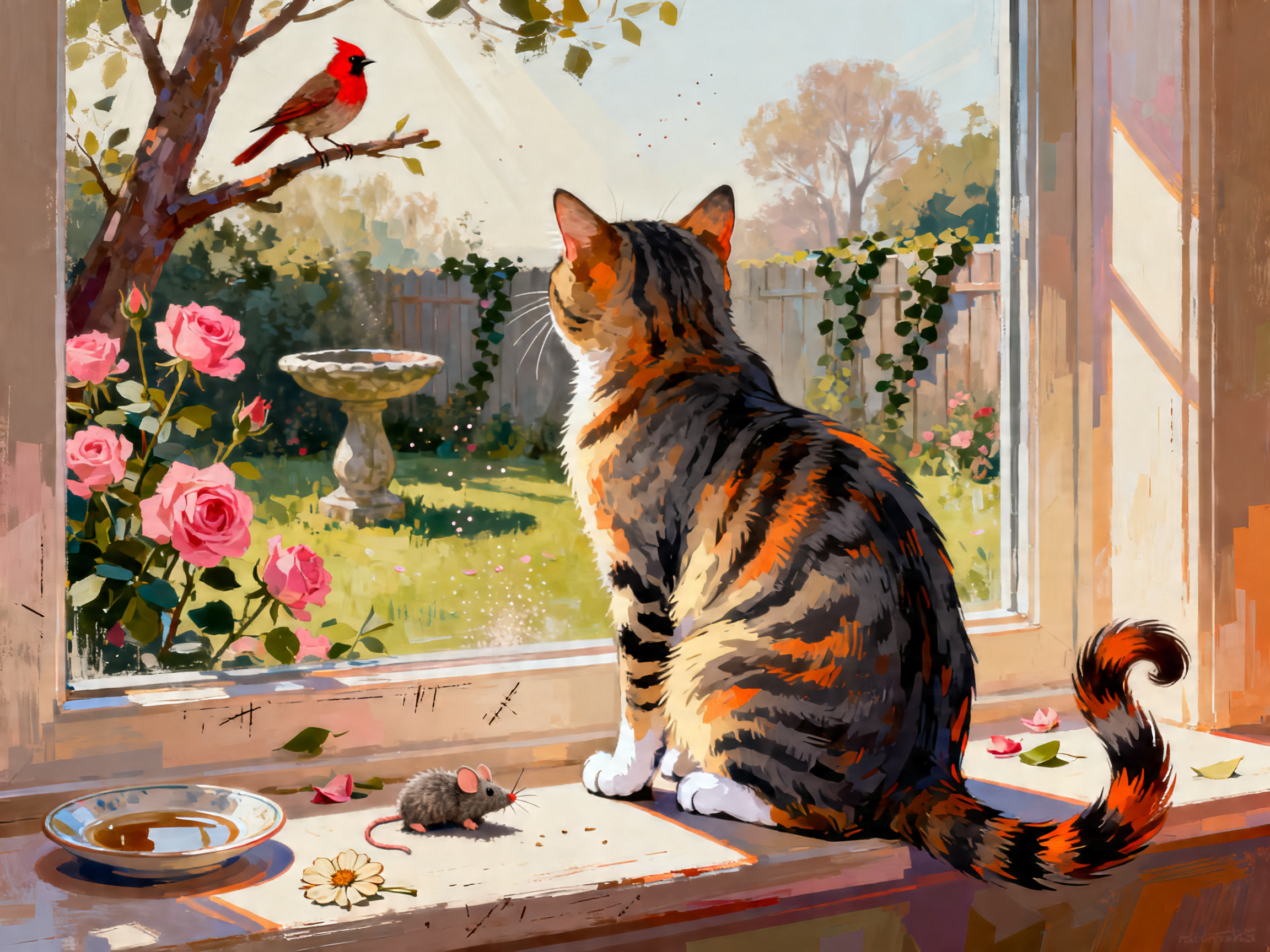 Tabby Window Cardinal painting