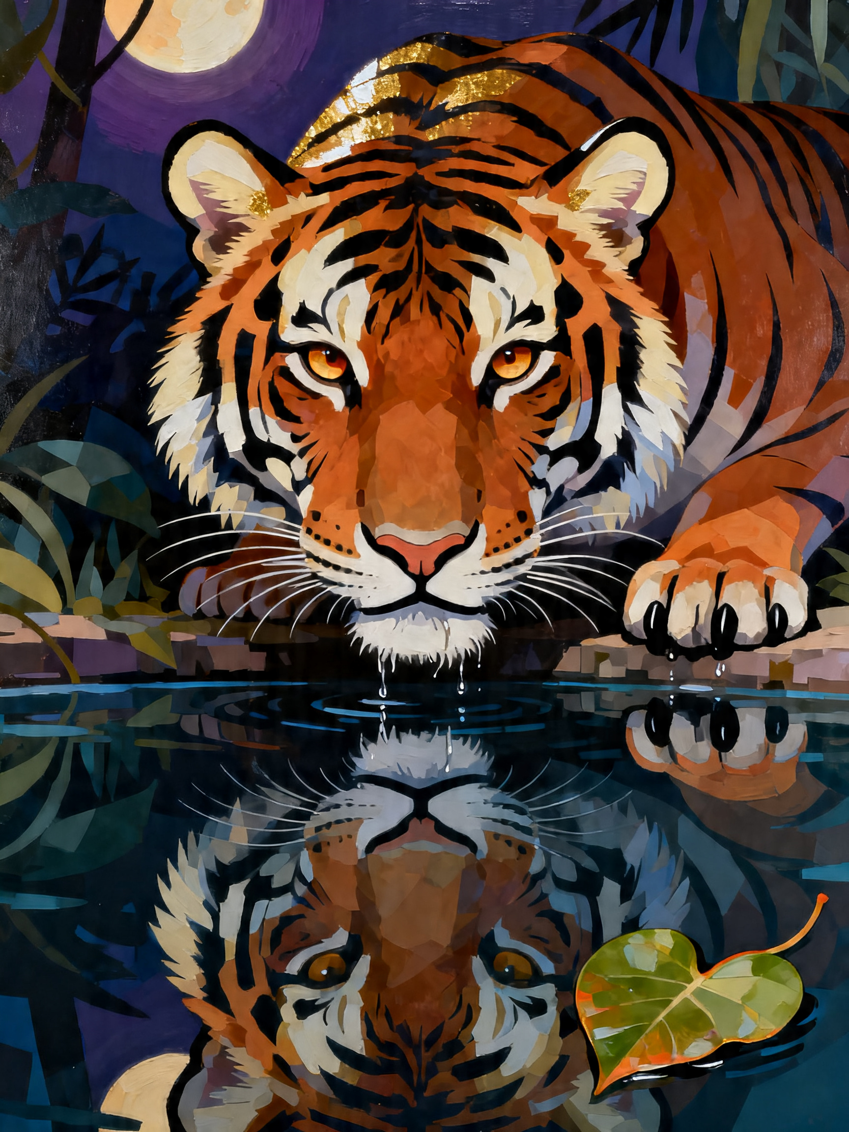 Tiger Moonlit Reflection painting