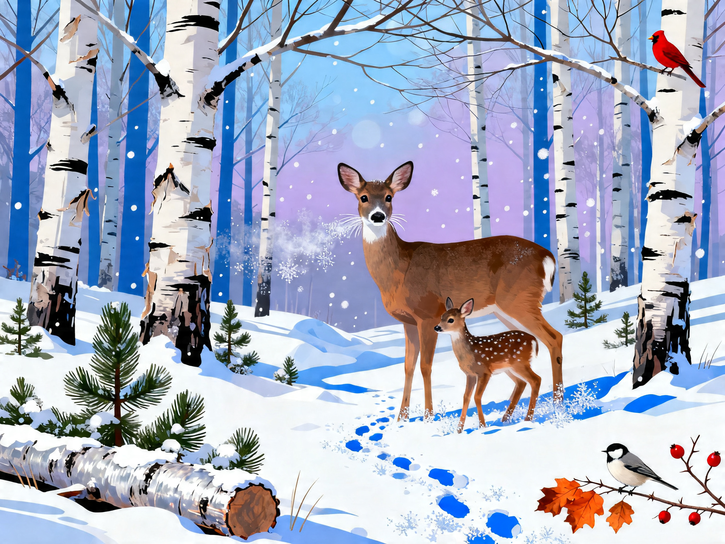 Winter Birch Deer painting