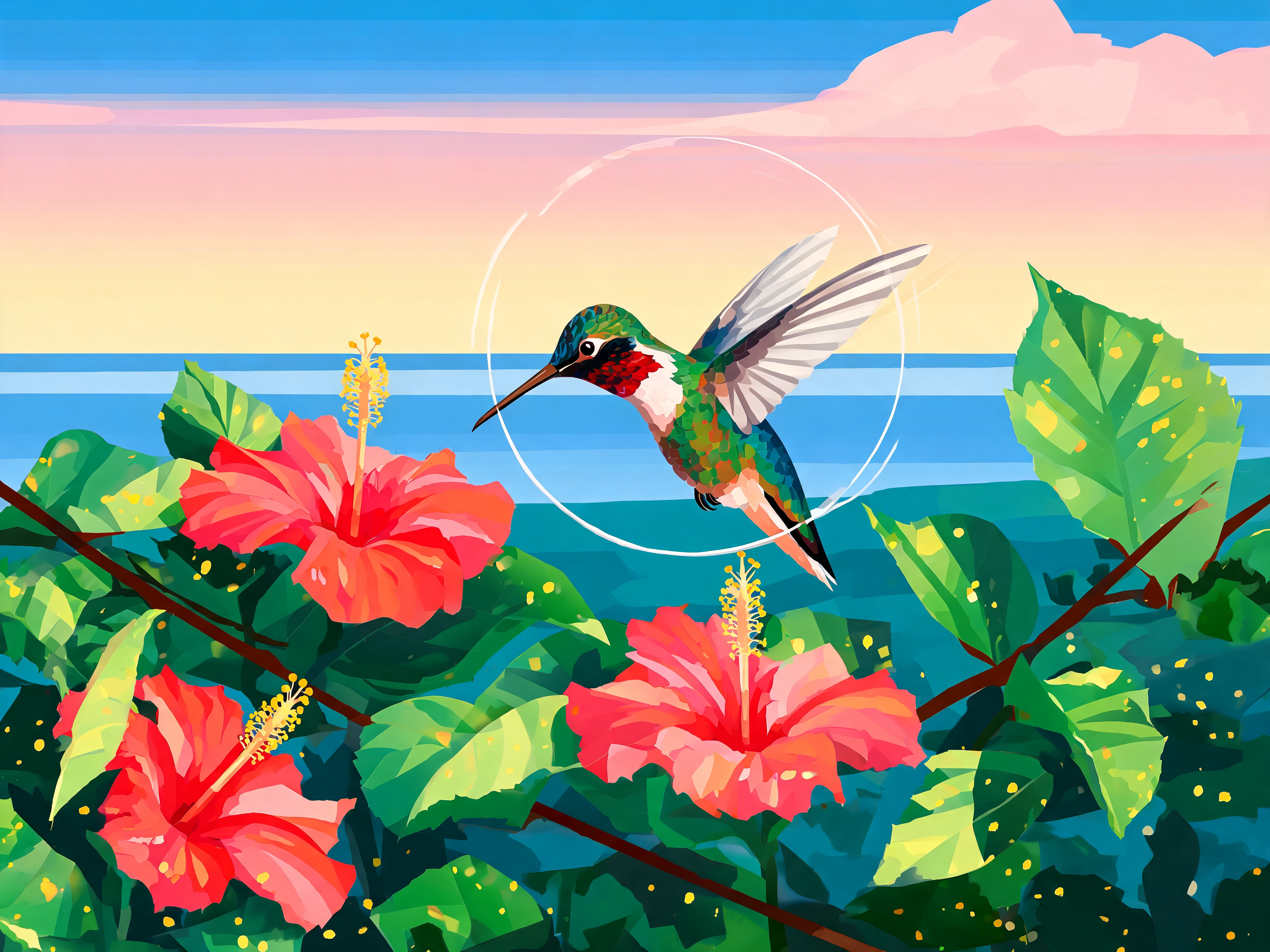 Color Block Hibiscus Hummingbird