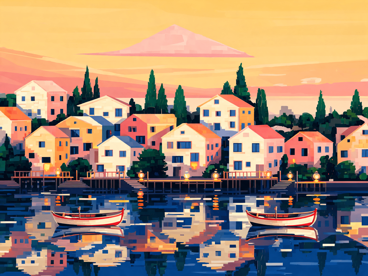 Cubist Lakeside Town Scene - Escape by Numbers