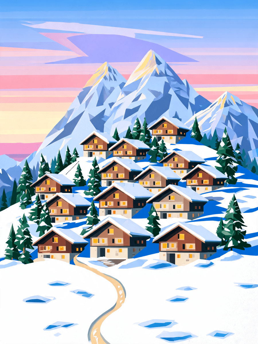 Cubist Mountain Village Scene - Escape by Numbers