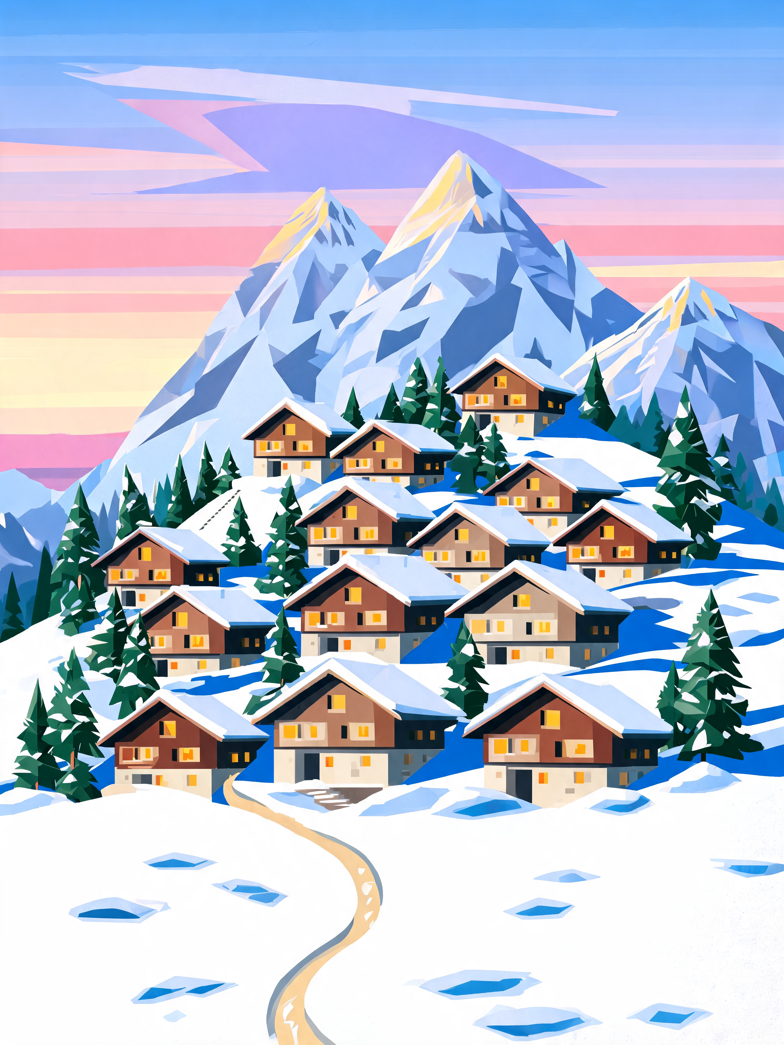 Cubist Mountain Village Scene