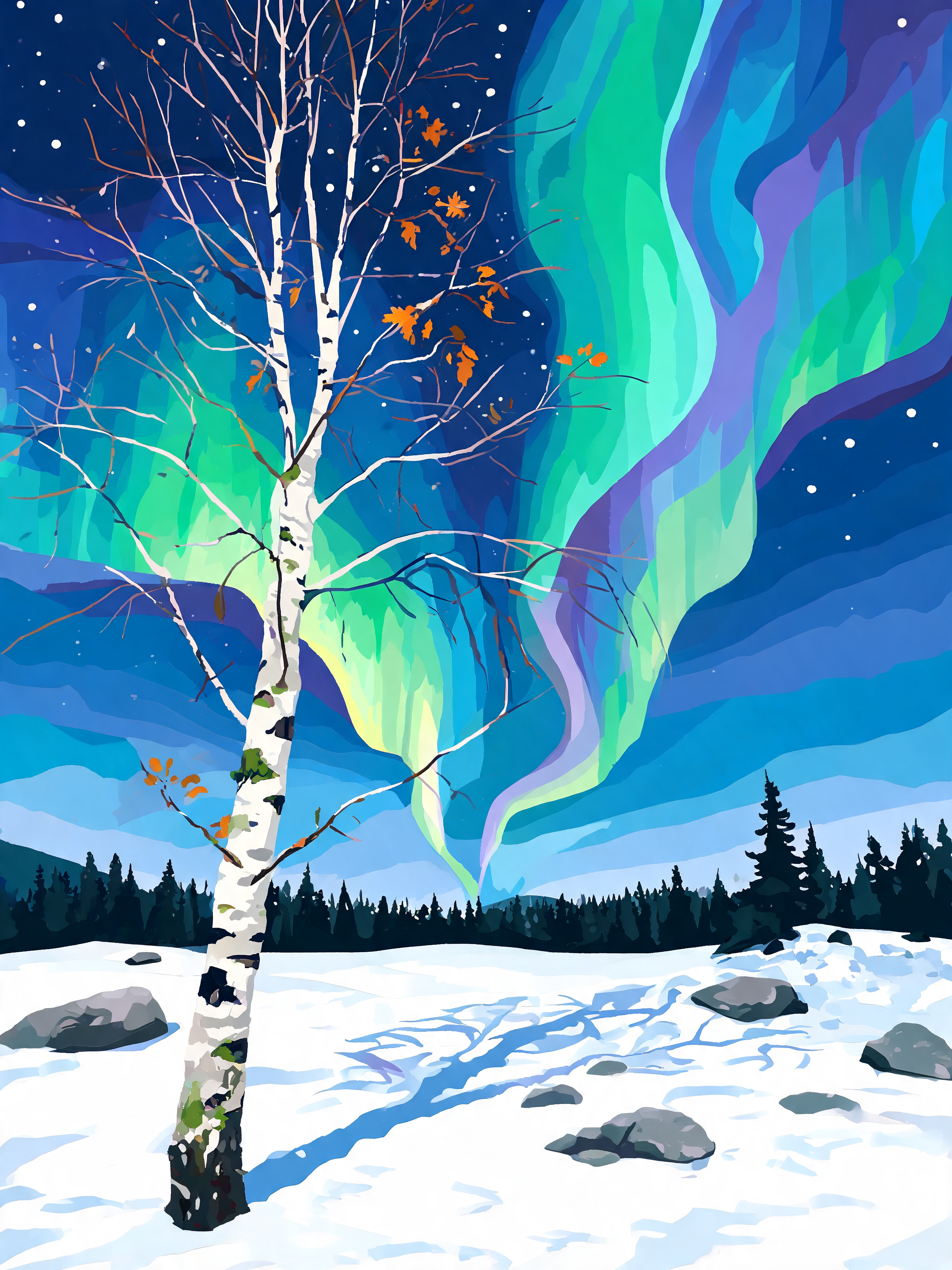 Birch Aurora Night - Escape by Numbers